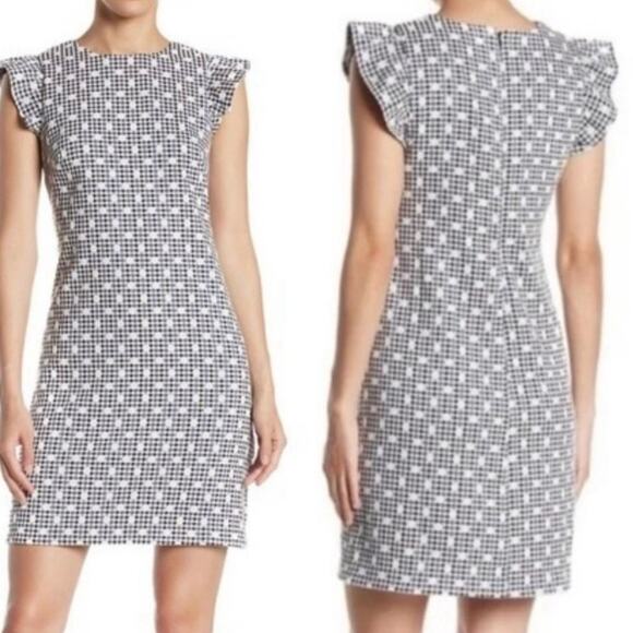 Eliza J Dresses & Skirts - Eliza J Ruffle Cap Sleeve Gingham Dot Shift Dress Size 6 Wedding Guest Summer